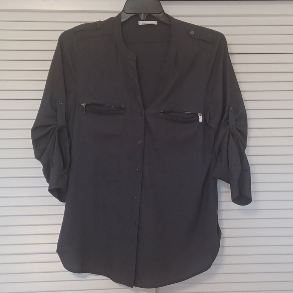 Calvin Klein Blouse XL Button-up Split Neckline roll-tab sleeves Zip Pockets EUC
